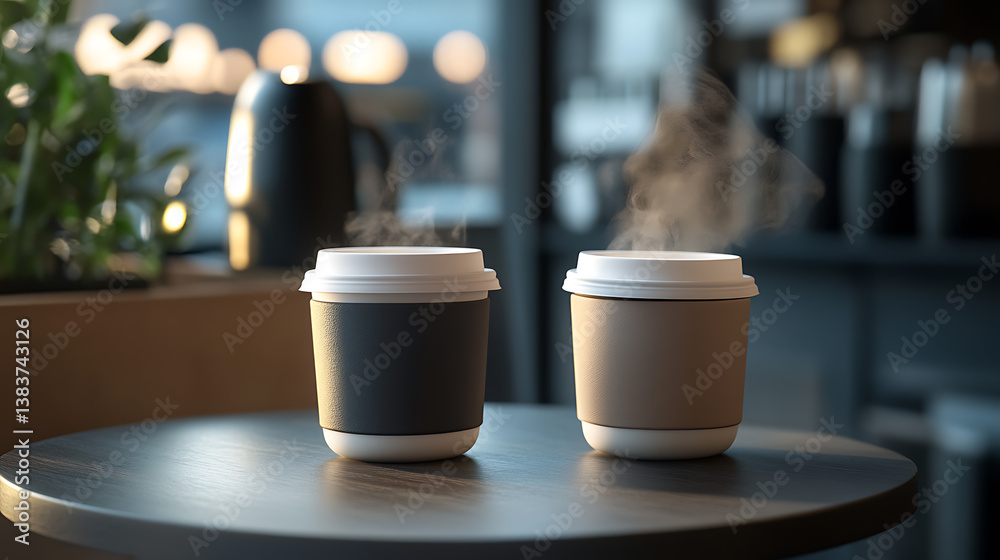 Poster two coffee cups with steam on table in a cafe