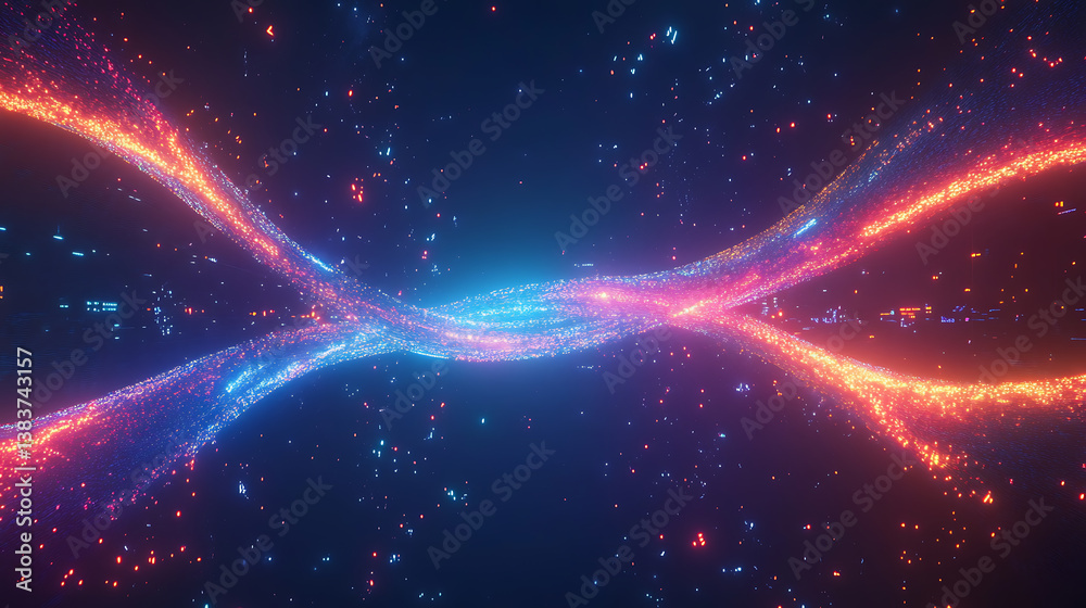 Poster Two large lines that almost touch each other, with digital data flowing between them, surrounded by colorful glowing light curves on a dark blue background