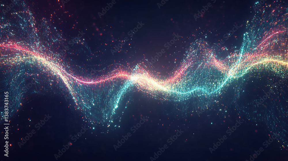 Fototapete Two large lines that almost touch each other, with digital data flowing between them, surrounded by colorful glowing light curves on a dark blue background