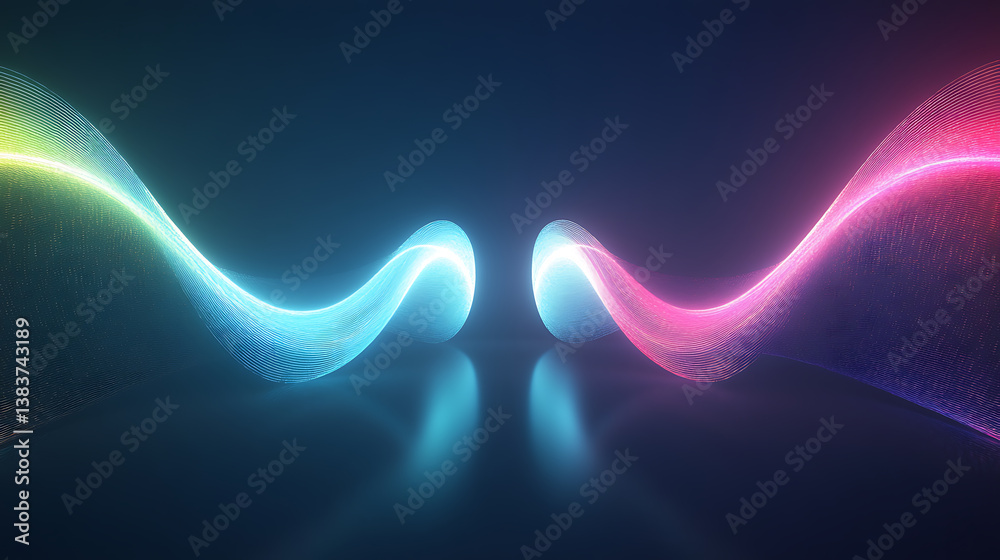 Poster Two large lines that almost touch each other, with digital data flowing between them, surrounded by colorful glowing light curves on a dark blue background