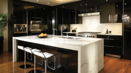 Modern Black Kitchen with Stylish Marble Countertop
