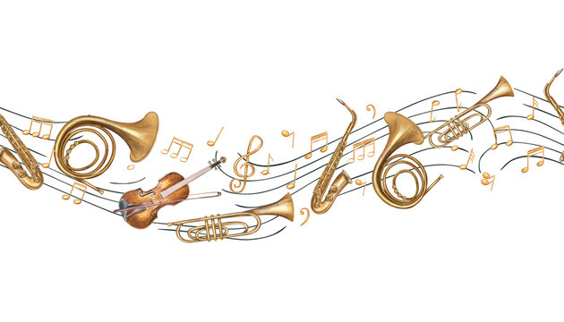 Watercolor musical instruments floating on the musical staff among the notes horizontal seamless banner isolated background. French horn, violin, trumpet, saxophone and musical symbols pattern.