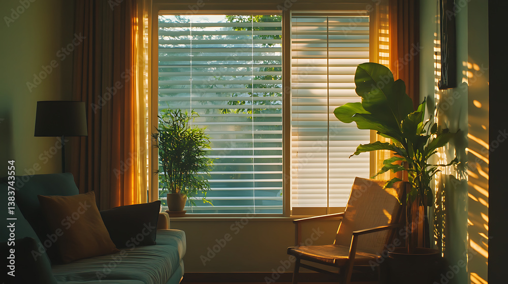 Poster under-exposure view of a window with shutter in a living room, aluminium louver stripe pattern sunbl