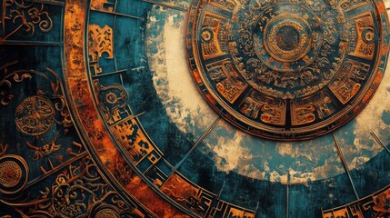 Fototapeta premium Astrological symbols and patterns ancient temples digital artwork vibrant colors aerial view mystical themes