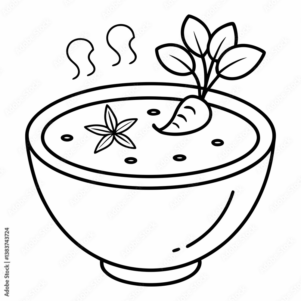 Poster soup with vegetables outline vector – line art drawing for coloring book page on white background