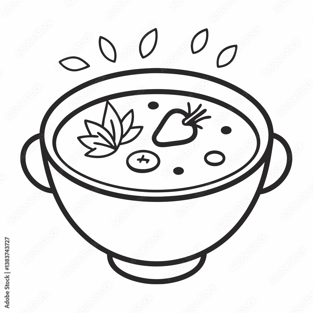 Poster soup with vegetables outline vector – line art drawing for coloring book page on white background