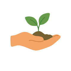 Open hand holding a green plant sprout. Eco-friendly care and sustainability symbol illustration.