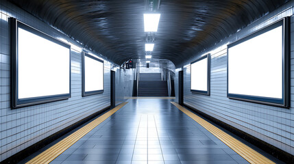 Fototapeta premium Underground metro interior with four blank billboards for advertisements, public transport