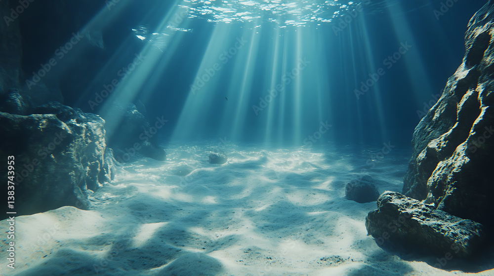 Poster Underwater scene of the deep ocean floor, rays of light shimmer through the water, illuminating the sandy seabed and creating a peaceful atmosphere