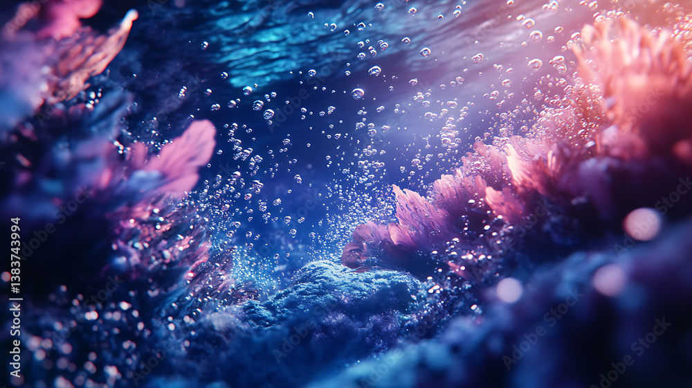 Poster Underwater view with bubbles ascending towards the sea surface, deep ocean background