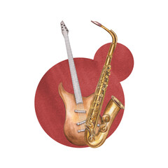 Obraz premium Watercolor brass saxophone, electric guitar on abstract round shape brushstroke illustration isolated background. Classical string and woodwind instruments. Jazz elements for musical festival poster
