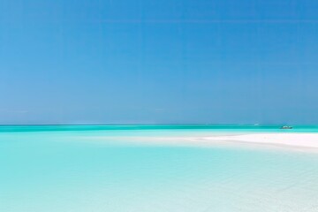 Fototapeta premium Aqua Seascape Boat sits on horizon over vibrant turquoise water meets the bright sandy beach, sunny sky