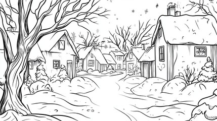Naklejka premium Line Art Drawing of a Snowy Village Scene with Cottages and Trees in Winter