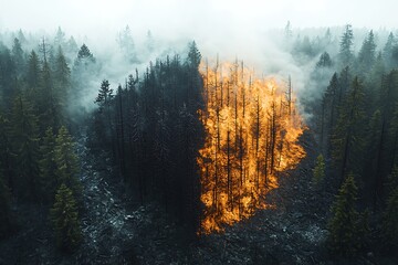 A forest where half the trees are lush green and the other half are burnt and charred, emphasizing the contrast between destruction and renewal