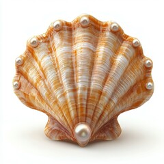 Detailed close-up of a beautiful seashell decorated with pearls resting on a soft surface in bright lighting