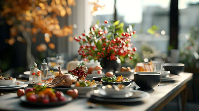 Autumn Thanksgiving Feast On Wooden Table