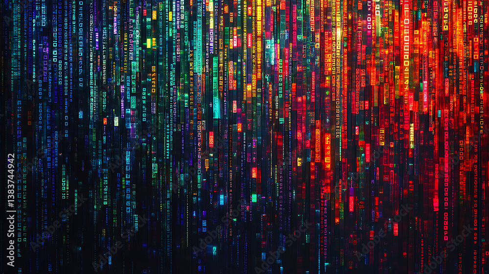 Poster Vertical columns of multicolored binary code, symbolizing data and digital technology
