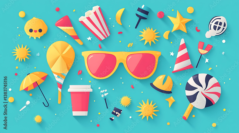 Poster vibrant and colorful flat design featuring various summer elements atmosphere of fun and excitement 