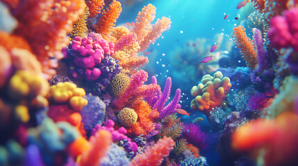 Fototapeta premium Vibrant underwater cartoon scene, colorful coral reef, marine life, adventure, fantasy, illustration
