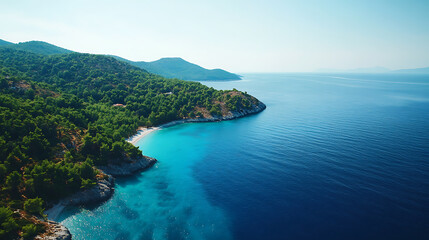 Obraz premium View of the island in the middle of the sea with clear blue water and green palm trees, aerial view, panoramic shot