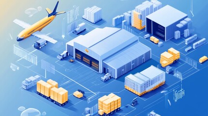 Logistics action freight management at distribution center digital illustration urban environment aerial view supply chain concept