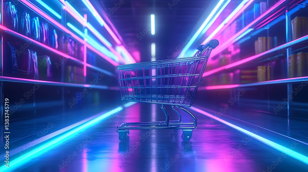 Poster virtual shopping cart background in neon light