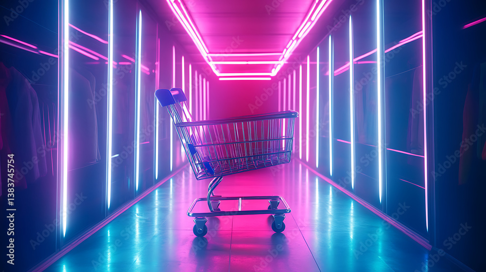 Poster virtual shopping cart background in neon light