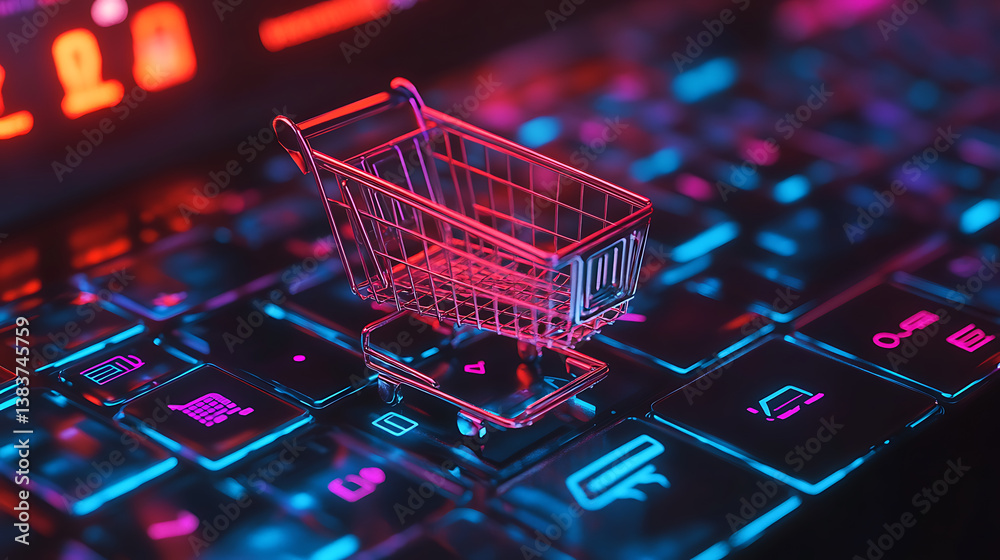 Poster virtual shopping cart on top of laptop computer in online shopping concept