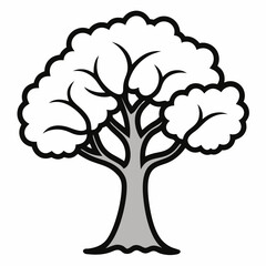 Stylized Oak Tree in Summer Outline Vector &ndash; Line Art Drawing for Coloring Book Page on White Background