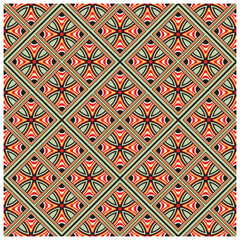 Geometric pattern with red, black, and beige shapes, enclosed in gold lines, creating a diamond motif.