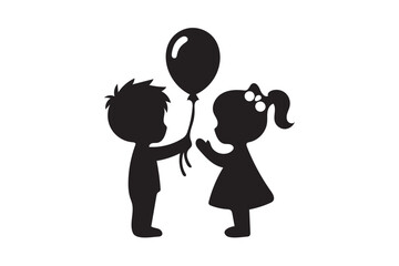 Cute little boy giving a balloon to the girl icon silhouette on white background.