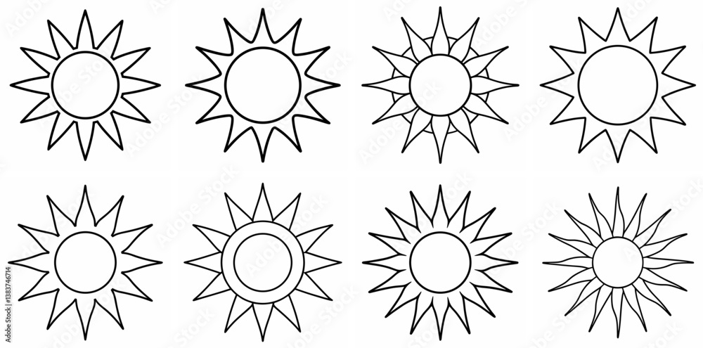 Aufkleber sun outline vector set – line art drawing for coloring book page on white background