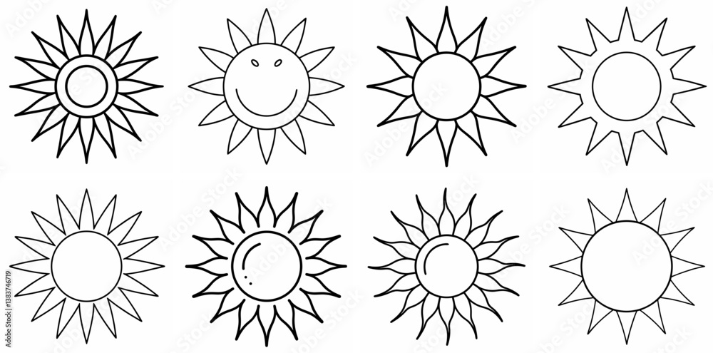 Poster sun outline vector set – line art drawing for coloring book page on white background