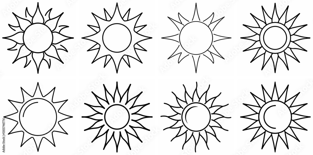 Poster sun outline vector set – line art drawing for coloring book page on white background
