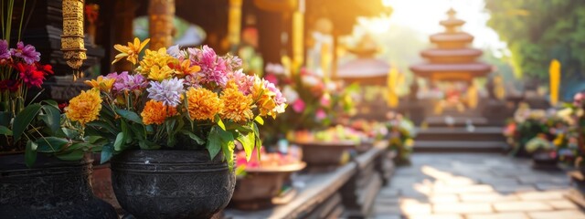 Colorful Flowers in Traditional Garden Near Serene Water Fountain