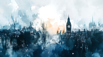 Fototapeta premium Watercolor sketch city buildings background abstract painting