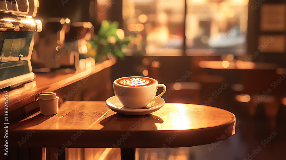 Poster web banner of coffee cappuccino with latte art on table in coffee shop