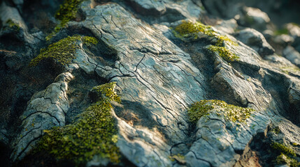 Close up of gray rock texture with green moss for nature stock photography