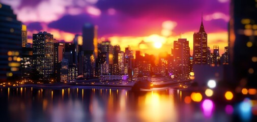 Obraz premium Vibrant Sunset Over City Skyline with Colorful Reflections
