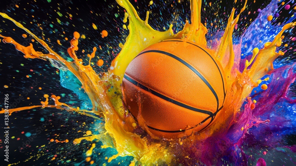 Poster a basketball exploding in a vibrant rainbow paint splash against a black background.