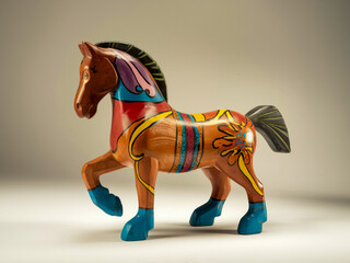 Colorful carved wooden horse figurine