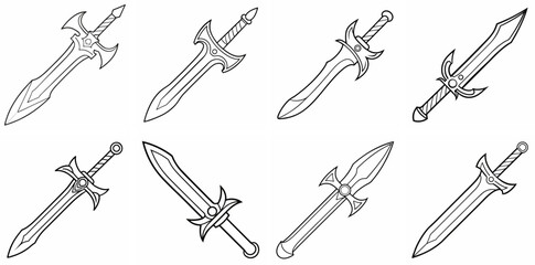 Sword Outline Coloring Book Page Line Art Drawing Set