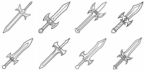 Sword Outline Coloring Book Page Line Art Drawing Set