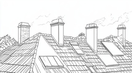 Winter Scene of Snow Covered Rooftops and Trees with Distant Mountains in Line Art Style
