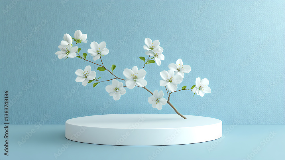 Poster white flowers on a branch on a round white color pedestal and a blue background for product display 