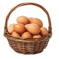 Fresh organic eggs in brown wicker basket isolated on transparent background, png