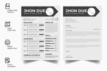 Obraz premium Clean Modern Resume and Cover Letter Layout Vector Template for Business Job Applications, Minimalist resume cv template, Resume design template, cv design, multipurpose resume design