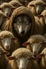 A wolf pretending to be a sheep - a satire on people who pretend to be what they are not, beware of fake people - wolf in sheep's clothing