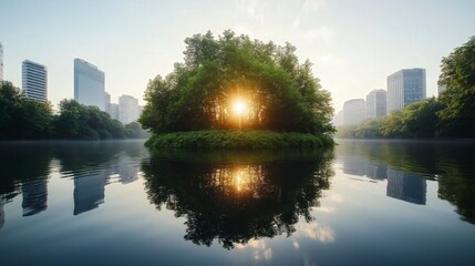 Sunrise illuminating a tranquil lake surrounded by urban buildings and lush greenery in a peaceful morning setting Generative AI