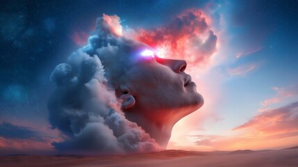Surreal vision of a cloud-formed face gazing towards a vibrant sky at dusk in an imaginative dreamscape Generative AI